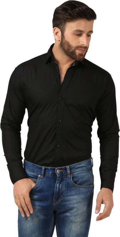 Mesh Men's Solid Casual Black Shirt